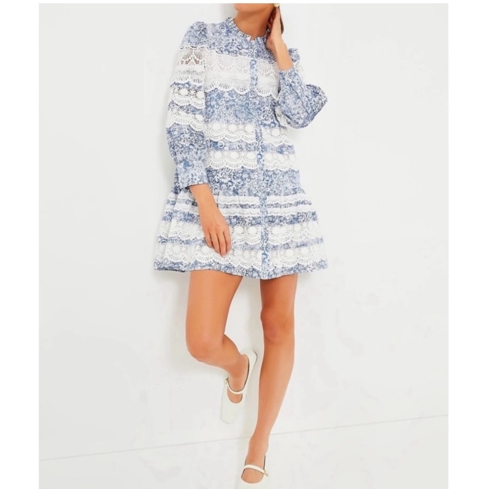 🤍HYACINTH HOUSE Lace Trim Blue Etched
Floral Emmie Mini Dress🩵